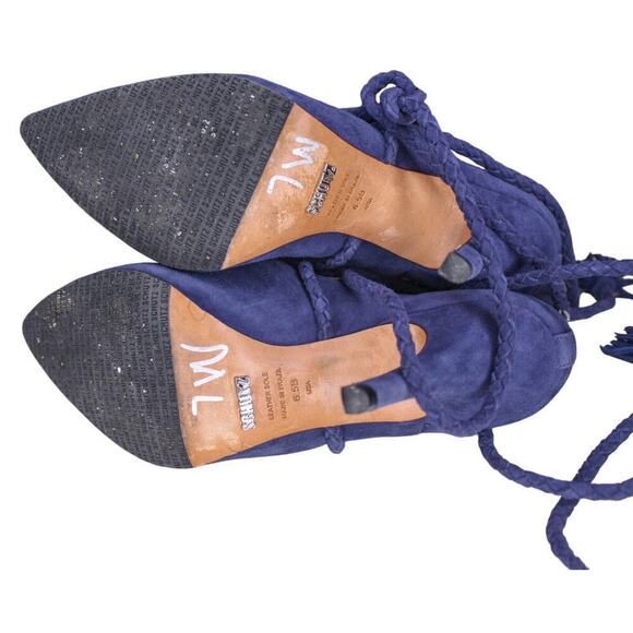 Schutz Fadhila Blue Suede High Heel Ankle Boots Pointed Toe Tassel Tie - Picture 5 of 5